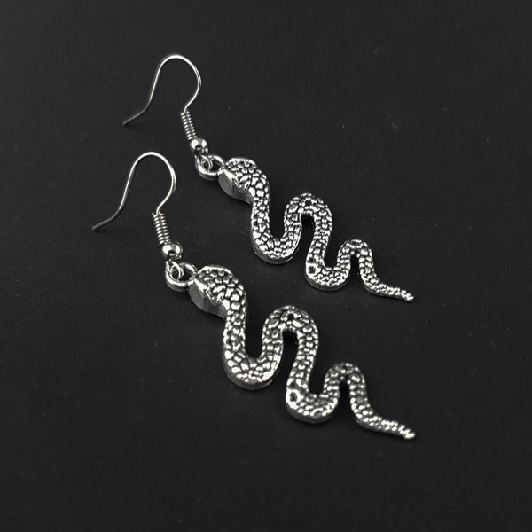 Silver Snake Hook Earrings - Serpent, Witch, Pagan, Reptile, Dark Mori, Slytherin, Goth, Gothic, Punk, Horror, Halloween, Edgy, Grunge, Alt
