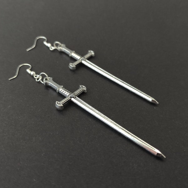 Long Silver Sword Hook Earrings - Renaissance, Medieval, Fantasy, Weapon, Gothic, Game of Thrones, GOT, Roleplay, Dagger, Witch, E-Girl, Emo