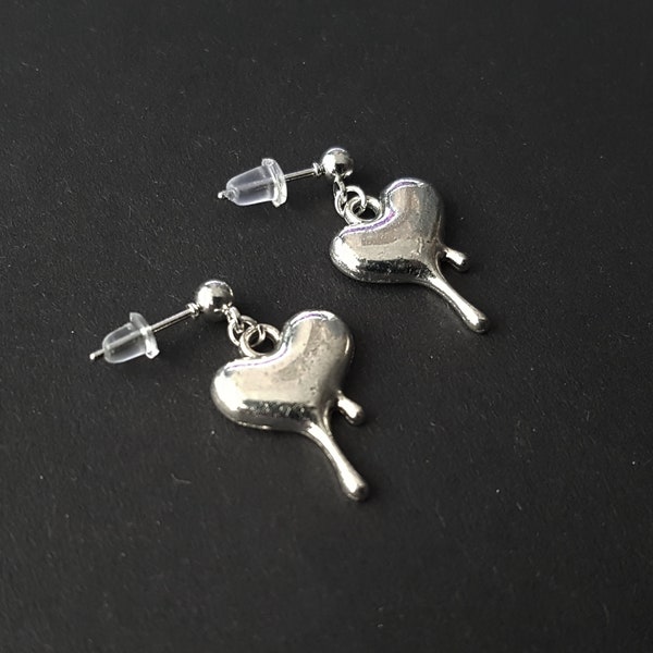 Silver Dripping Heart Earrings - Horror, Halloween, Spooky, E-Girl, Emo, Edgy, Creepy, Gothic, Goth, Punk, Witch, Grunge, Alternative