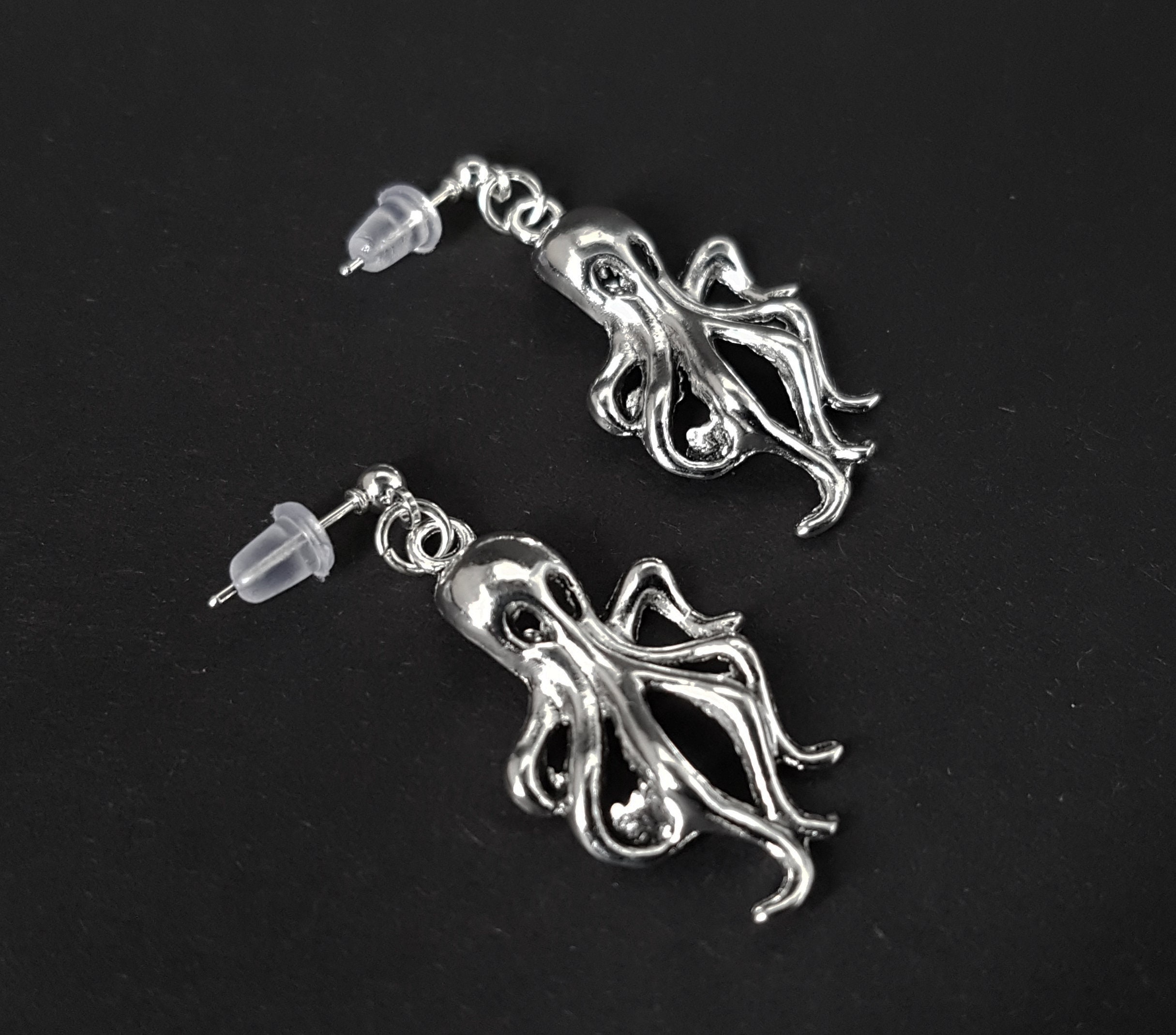 Orecchini A Cerotto In Argento 925 Con Piccolo Polpo, Tentacoli, Handmade, Dark Dream