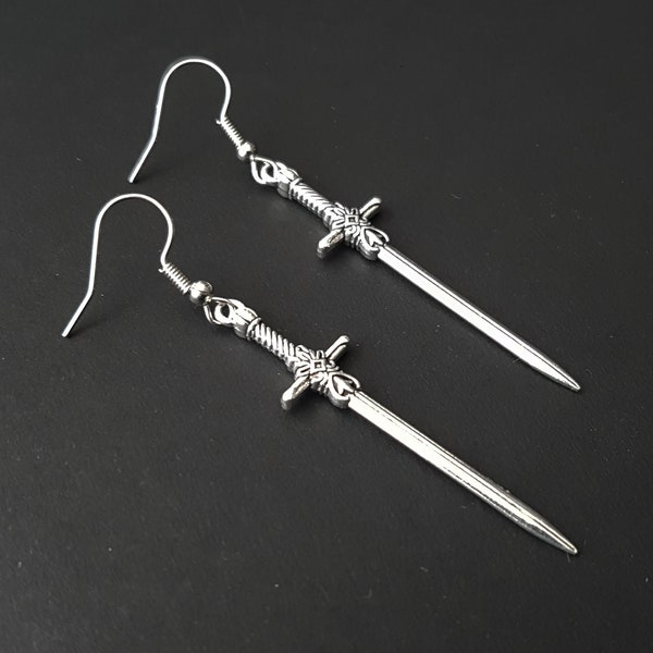 Silver Sword Earrings - Renaissance, Medieval, Fantasy, Weapon, Gothic, Game of Thrones, GOT, Roleplay, Dagger, Witch, E-Girl, Emo, Grunge