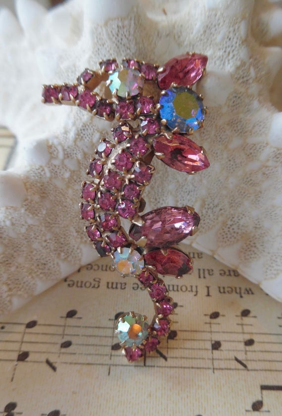 stunning vintage pink ab SEAHORSE brooch pin - image 1