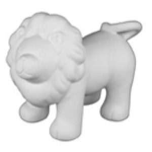May include: White ceramic lion figurine with a mane and a curled tail. The lion is standing on all four legs and has a playful expression.