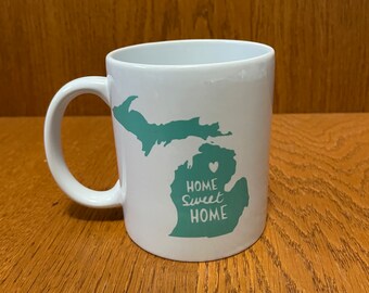 Taza de café de 12 oz Taza de Michigan Azul "Hone Sweet Home". Aptas para el lavavajillas.