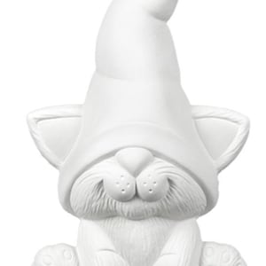 May include: White ceramic figurine of a cat wearing a pointed hat. The cat is sitting with its paws tucked in front of it. The figurine is unpainted and ready to be decorated.