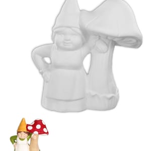 May include: A white ceramic garden gnome figurine with a pointed hat and apron, leaning against a large mushroom. A smaller, painted gnome figurine with a yellow hat and red spotted mushroom is also shown.