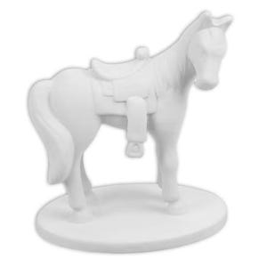 May include: A white ceramic horse figurine with a saddle. The horse is standing on a round base. The figurine is a solid white color and has detailed features.