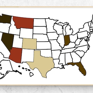 May include: A map of the United States with different colored states. The states of Montana, Wyoming, Colorado, New Mexico, Arizona, Nevada, Utah, Idaho, Oregon, Washington, Illinois, Indiana, Ohio, Michigan, Pennsylvania, New York, Connecticut, Rhode Island, Massachusetts, Vermont, New Hampshire, Maine, Florida, and California are colored in brown, red, or beige.