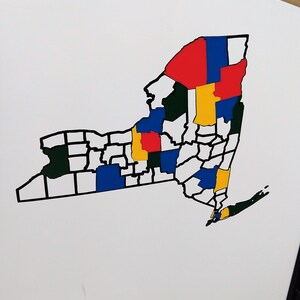 May include: A black and white outline of the state of New York is divided into counties, each colored in red, blue, yellow, or green.
