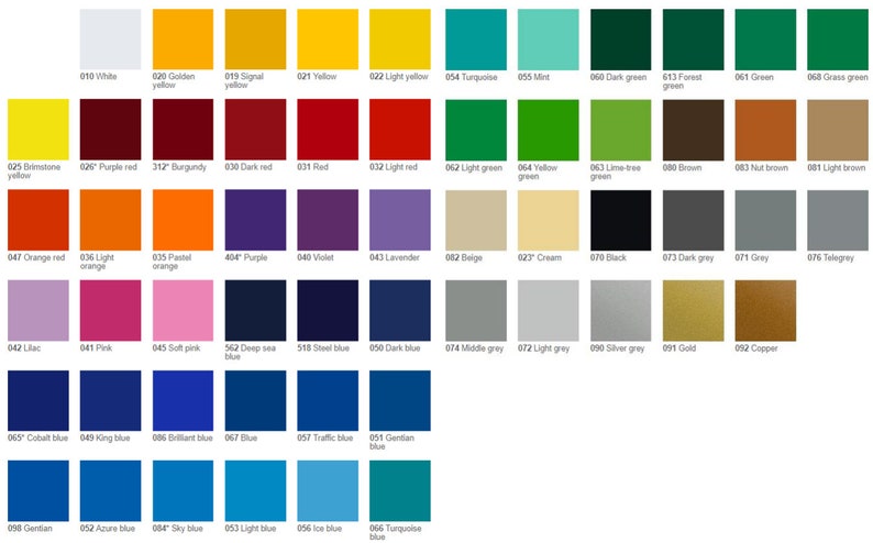 May include: A color chart with 96 different colors, numbered and labeled with their names. The colors are arranged in rows and columns, with a variety of shades and hues.