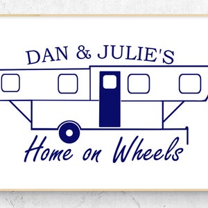 Folding Camper Personalized Home on Wheels Vinyl Decal (6&quot; x 3.2&quot;) Similar to a Trailmanor