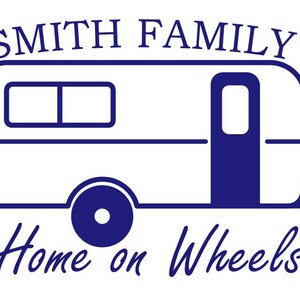 May include: A blue line drawing of a camper trailer with the text "SMITH FAMILY Home on Wheels" above it.