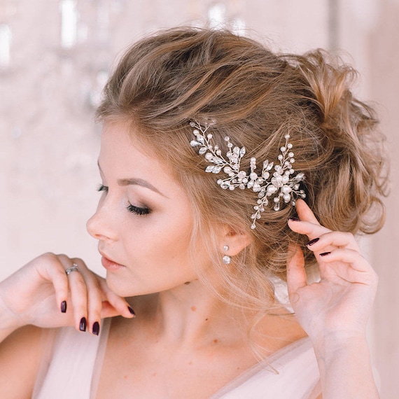 Bridal hair pieceWedding hair vine pearlsCrystal Bridal Etsy