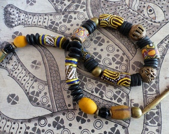 African Beads // Necklace //  Krobo Glass Beads // Bronze // Onyx Pearls