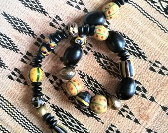 Afrikanische Glasperlen, Ethno Schmuck, Halskette mit afrikanischen Perlen, Eye Beads Krobo Glasperlen, Bronzeperlen Ghana, Onyxperlen