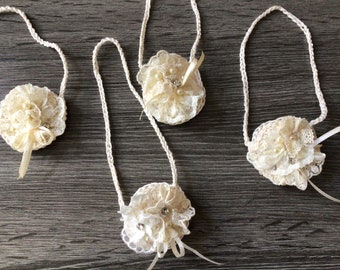 Crochet bags with antique and old lace worked up for dolls and bears