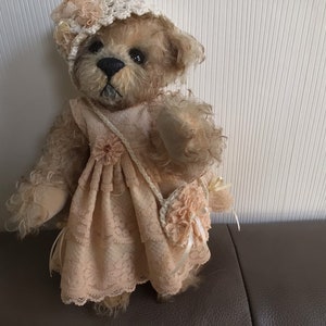 Crocheted cotton bag for dolls and bears with old lace, pearls and rhinestones