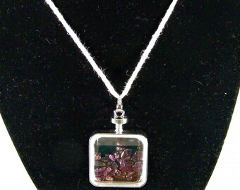 Beautiful Amethyst Chip Filled Pendant Necklace - Two Styles Available - Hemp or Black Cord Adjustable Necklace