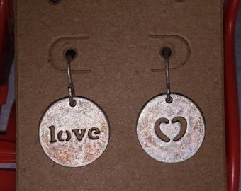 Brushed Nickel "Love" Fishhook Earrings