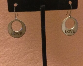 Antique Bronze Concave Circle Handstamped Love Earrings