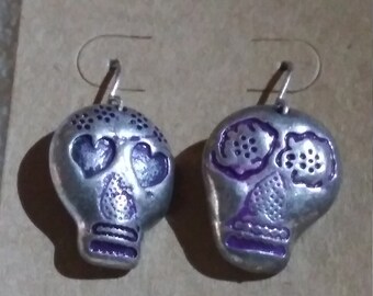 Silver & Fuschia Dia los Muertos (Day of the Dead) Sugar Skull Earrings
