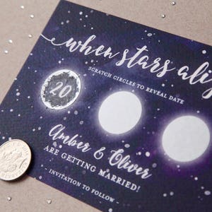 SAMPLE Scratch Off Card Save the Date Invite Celestial Country Outdoor Wedding Starry Night Sky When Stars Align image 1