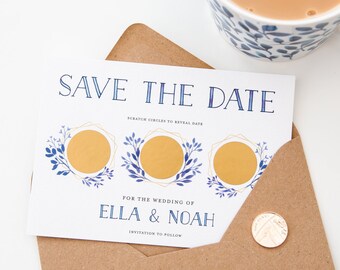 CUSTOM | Scratch Off Card | Save the Date Invite | Personalised Wedding Invitation | Delft Blue Floral Wreath | Blue | Boho | Modern | Gold