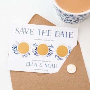 CUSTOM Scratch Off Card Save the Date Invite Personalised Wedding Invitation Delft Blue Floral Wreath Blue Boho Modern Gold image 1