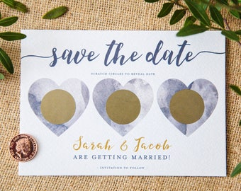 SAMPLE | Scratch Off Card | Save the Date Invite | Wedding Invitation | Watercolour Hearts | Calligraphy | Modern | Gold