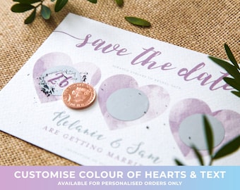 CUSTOM | Scratch Off Card | Save the Date Invite | Personalised Wedding | Watercolour Hearts Custom Colour | Calligraphy | Modern | Silver