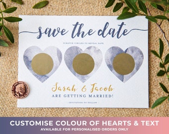 CUSTOM | Scratch Off Card | Save the Date Invite | Personalised Wedding | Watercolour Hearts Custom Colour | Calligraphy | Modern | Gold