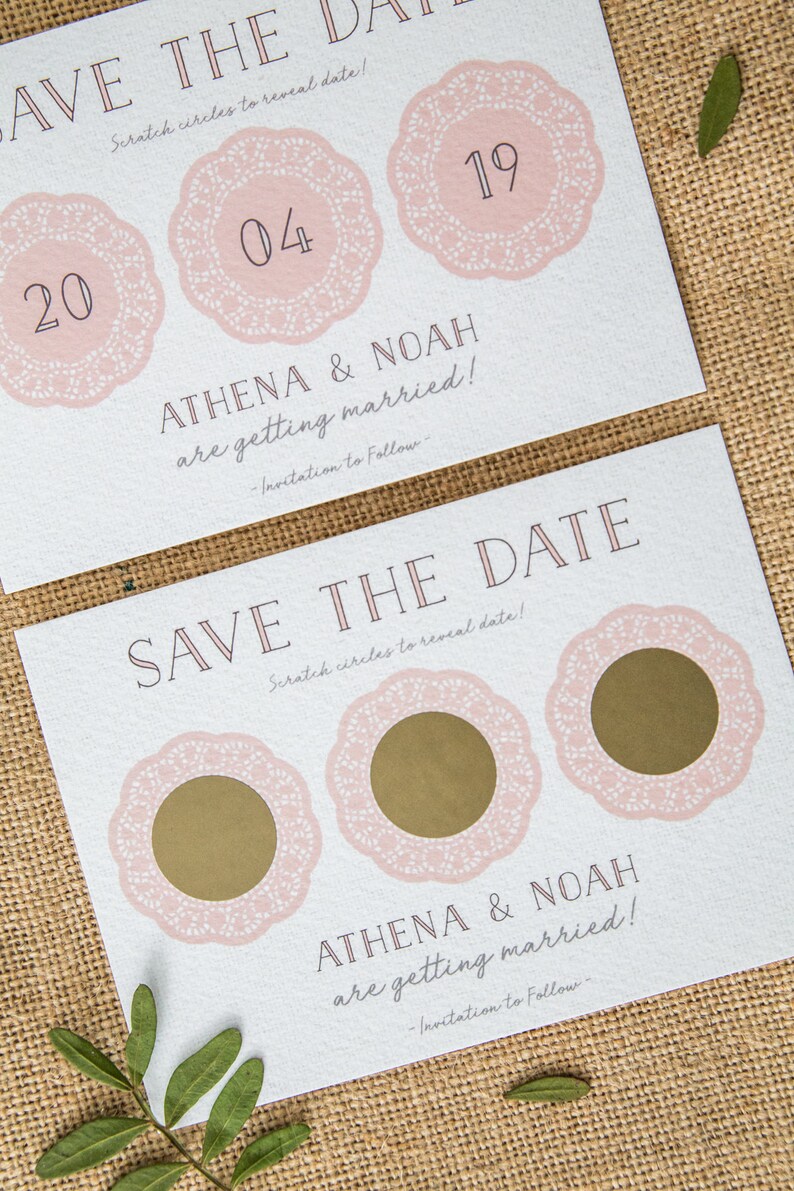 CUSTOM Scratch Off Card Save the Date Invite Personalised Wedding Invitation Doily Tea Party Rustic Shabby Chic Boho Blush image 4