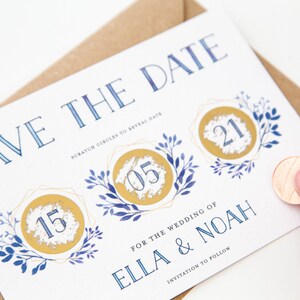 CUSTOM Scratch Off Card Save the Date Invite Personalised Wedding Invitation Delft Blue Floral Wreath Blue Boho Modern Gold image 3