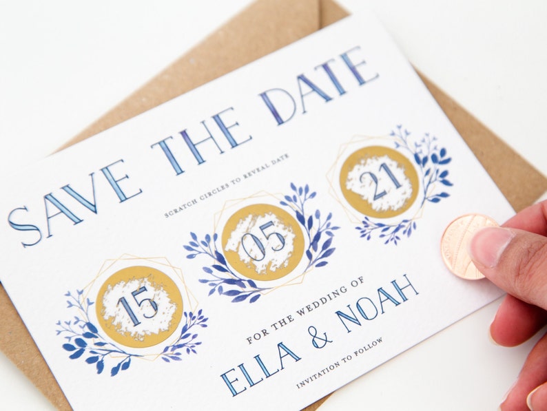 CUSTOM Scratch Off Card Save the Date Invite Personalised Wedding Invitation Delft Blue Floral Wreath Blue Boho Modern Gold image 3