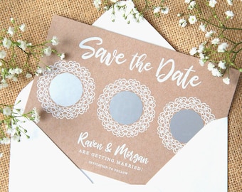 CUSTOM | Scratch Off Card | Save the Date Invite | Personalised Wedding Invitation | Scratch Card | White Lace Mandala | Kraft Invite | Boho