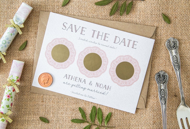 CUSTOM Scratch Off Card Save the Date Invite Personalised Wedding Invitation Doily Tea Party Rustic Shabby Chic Boho Blush image 2