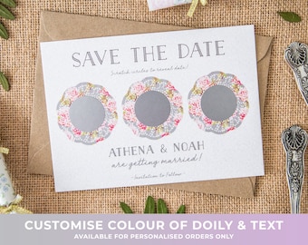 CUSTOM | Scratch Off Card | Save the Date Invite | Personalised Wedding | Doily | Tea Party | Rustic | Shabby Chic | Boho | Custom Colour