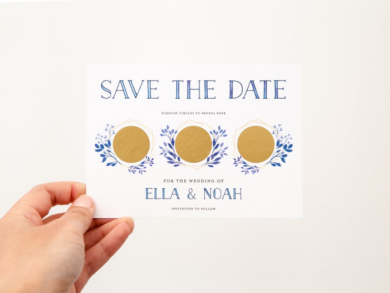 CUSTOM Scratch Off Card Save the Date Invite Personalised Wedding Invitation Delft Blue Floral Wreath Blue Boho Modern Gold image 4