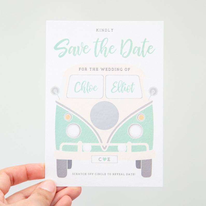 VW Campervan Mint Green Boho Wedding SAMPLE Save the Date Invite Retro Wedding VW Kombi Hippie Wedding Scratch Off Card