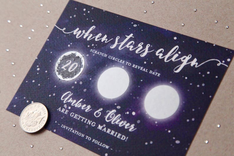SAMPLE Scratch Off Card Save the Date Invite Celestial Country Outdoor Wedding Starry Night Sky When Stars Align image 1