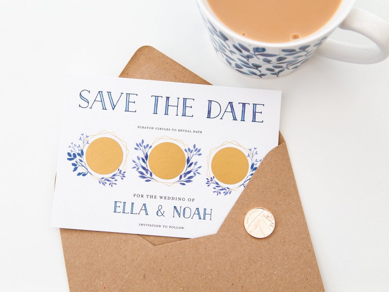 CUSTOM Scratch Off Card Save the Date Invite Personalised Wedding Invitation Delft Blue Floral Wreath Blue Boho Modern Gold image 1