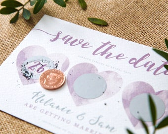 SAMPLE | Scratch Off Card | Save the Date Invite | Wedding Invitation | Watercolour Hearts | Calligraphy | Modern | Silver & Lavender