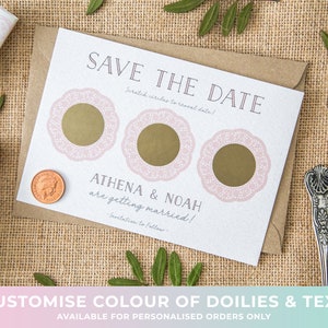 CUSTOM Scratch Off Card Save the Date Invite Personalised Wedding Invitation Doily Tea Party Rustic Shabby Chic Boho Blush image 1