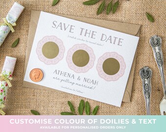 CUSTOM | Scratch Off Card | Save the Date Invite | Personalised Wedding Invitation | Doily | Tea Party | Rustic | Shabby Chic | Boho | Blush