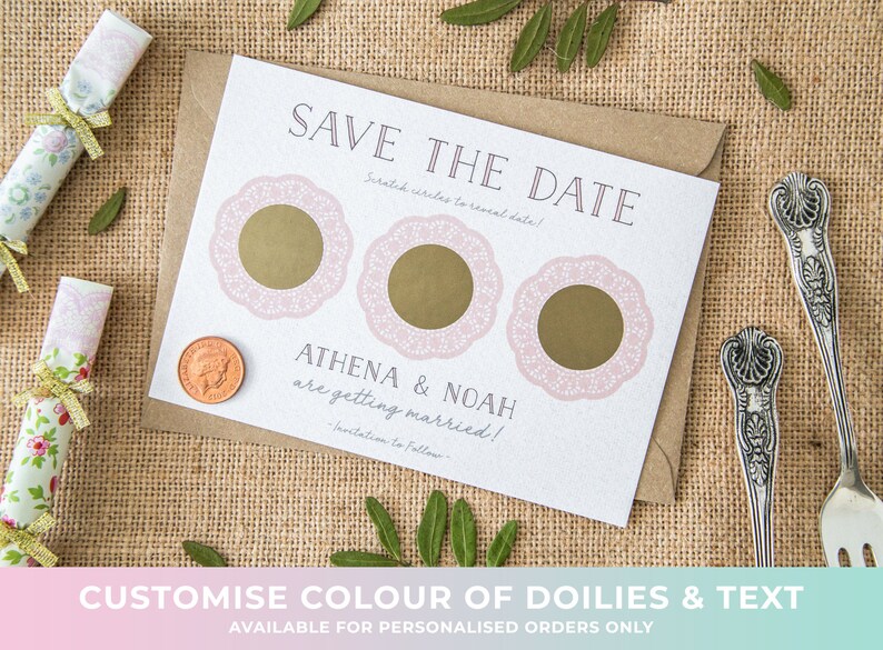 CUSTOM Scratch Off Card Save the Date Invite Personalised Wedding Invitation Doily Tea Party Rustic Shabby Chic Boho Blush image 1