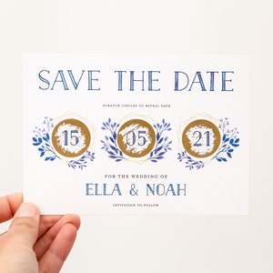 CUSTOM Scratch Off Card Save the Date Invite Personalised Wedding Invitation Delft Blue Floral Wreath Blue Boho Modern Gold image 5