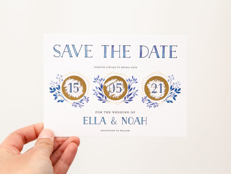 CUSTOM Scratch Off Card Save the Date Invite Personalised Wedding Invitation Delft Blue Floral Wreath Blue Boho Modern Gold image 5