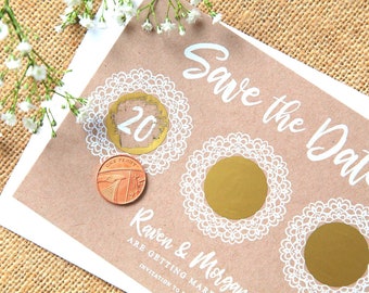 SAMPLE | Save the Date | Scratch Off | Wedding Invitation | Scratch Card | White Lace Mandala | Kraft Invitation