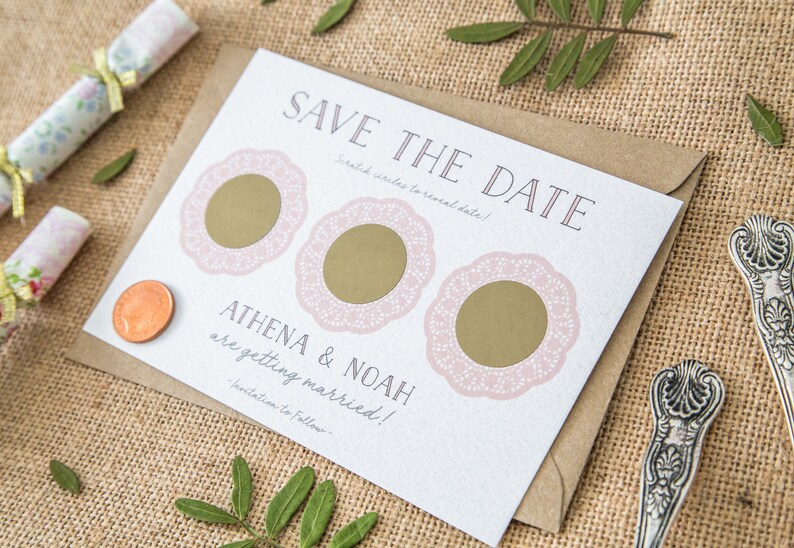 CUSTOM Scratch Off Card Save the Date Invite Personalised Wedding Invitation Doily Tea Party Rustic Shabby Chic Boho Blush image 3