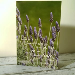 2 x jeu de cartes citation foi chrétienne sympathie verset biblique salutation de paix écritures de Jésus Jean 16:33 pourpre lavande jardin de fleurs note photo